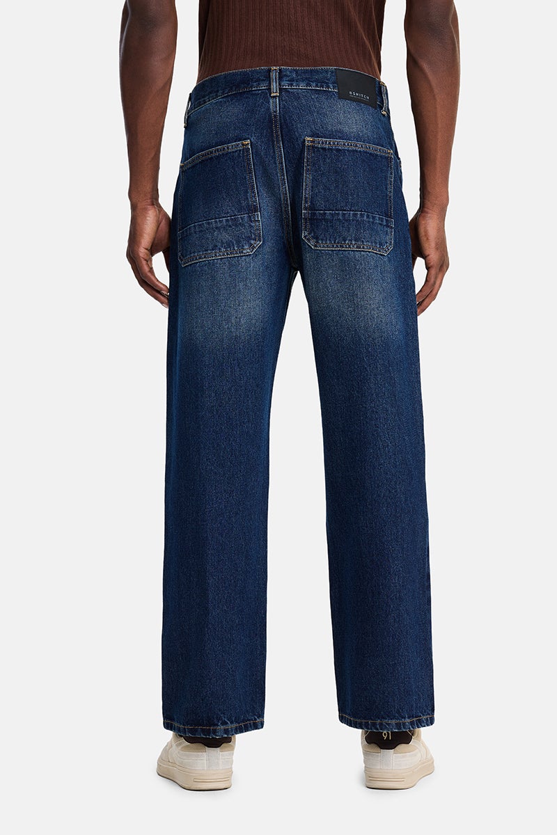SNITCH Dark Blue Solid Loose Fit Streetwear Jeans - Image 5