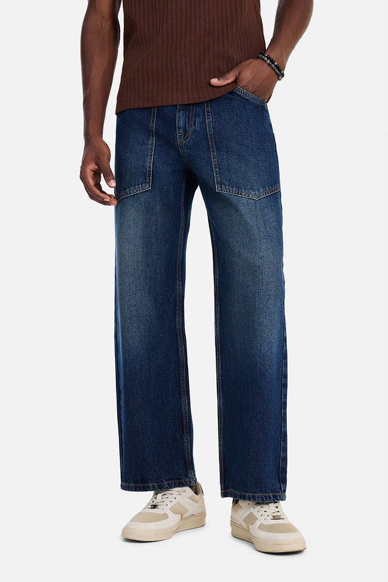 SNITCH Dark Blue Solid Loose Fit Streetwear Jeans - Image 1