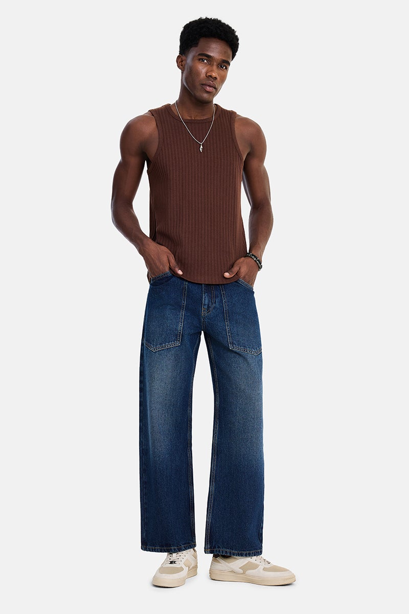 SNITCH Dark Blue Solid Loose Fit Streetwear Jeans - Image 2