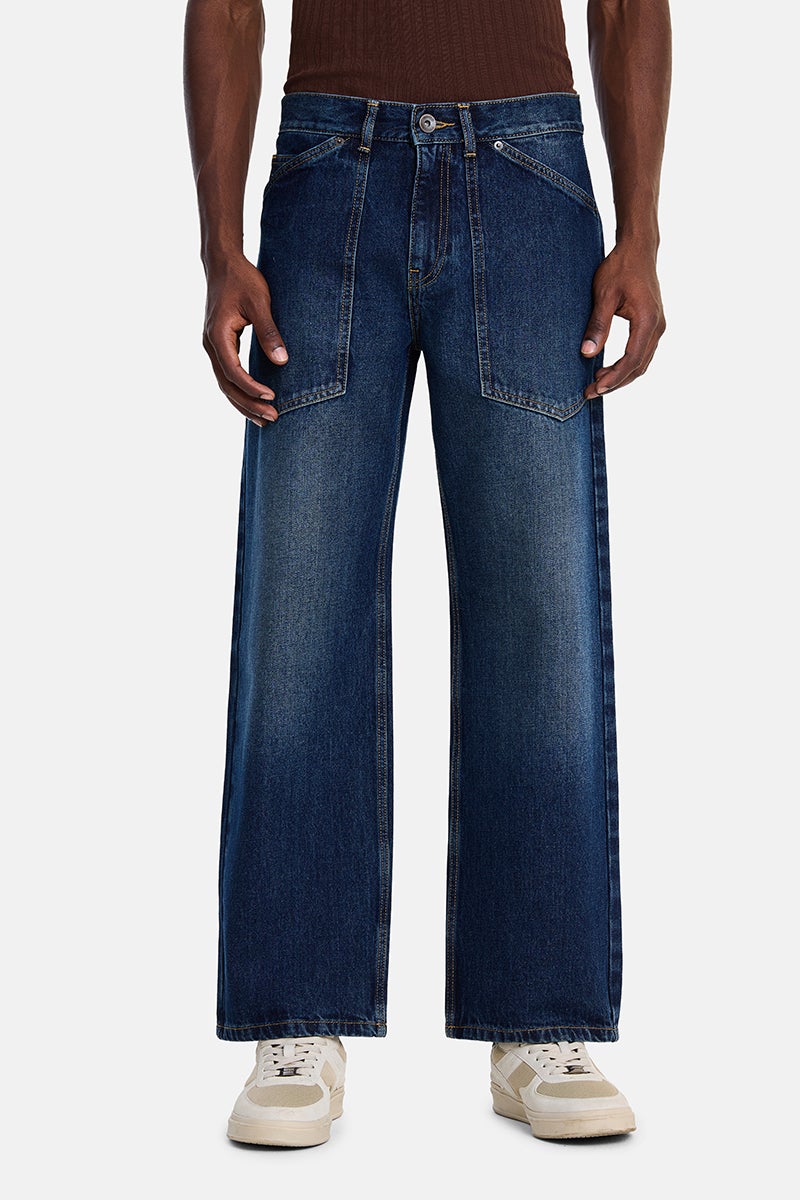 SNITCH Dark Blue Solid Loose Fit Streetwear Jeans - Image 4