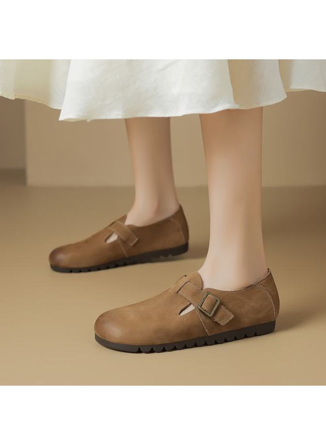 Boerdiqi First Layer Cowhide Birkenstock Slip-on Women's Round Toe Lightweight Versatile Retro Casual Shoes Brown Size 39 - Image 1