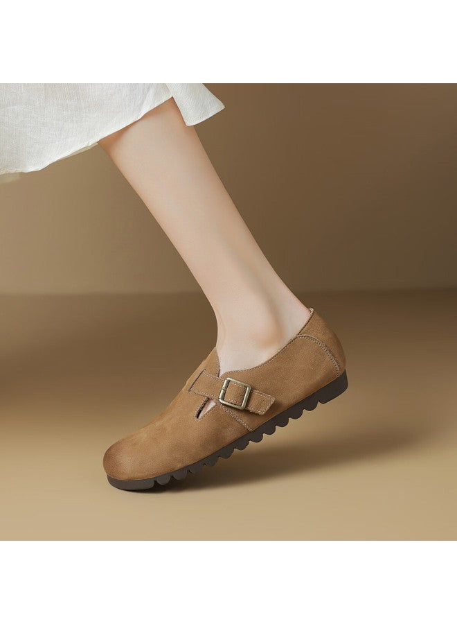 Boerdiqi First Layer Cowhide Birkenstock Slip-on Women's Round Toe Lightweight Versatile Retro Casual Shoes Brown Size 39 - Image 5
