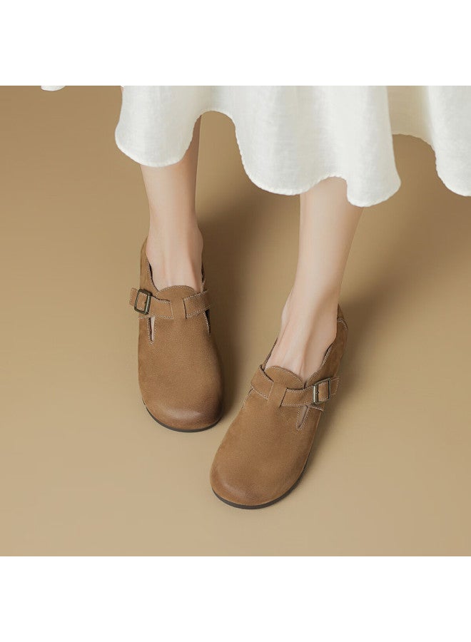 Boerdiqi First Layer Cowhide Birkenstock Slip-on Women's Round Toe Lightweight Versatile Retro Casual Shoes Brown Size 39 - Image 2