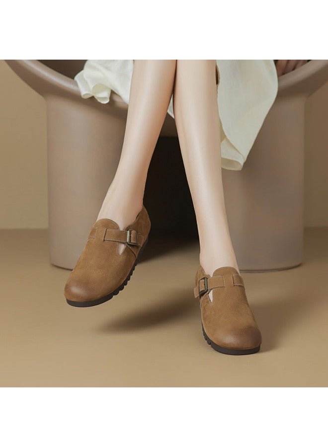 Boerdiqi First Layer Cowhide Birkenstock Slip-on Women's Round Toe Lightweight Versatile Retro Casual Shoes Brown Size 39 - Image 3