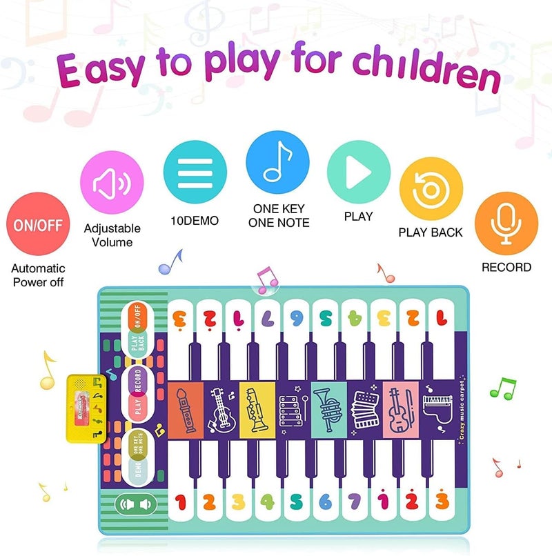 Beauenty Floor Piano Mat for Kids Toddlers Baby, 20 Keys Music Dance Mat - Volume Control, 8 Instrument Sounds, Built-in Demos, Record & Playback, Gift for Boys Girls, 43.3x30.7in (style A) - Image 3
