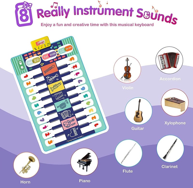 Beauenty Floor Piano Mat for Kids Toddlers Baby, 20 Keys Music Dance Mat - Volume Control, 8 Instrument Sounds, Built-in Demos, Record & Playback, Gift for Boys Girls, 43.3x30.7in (style A) - Image 2