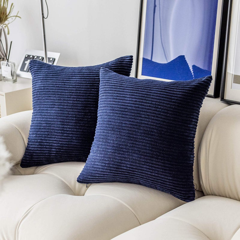 Demetex 26x26 Pillow Covers Square Decorative Blue Plush Corduroy Euro Shams Modern Striped Throw Pillow Covers for Couch Chair Bed Decorations Set of 2 26 x 26 inch Navy Blue