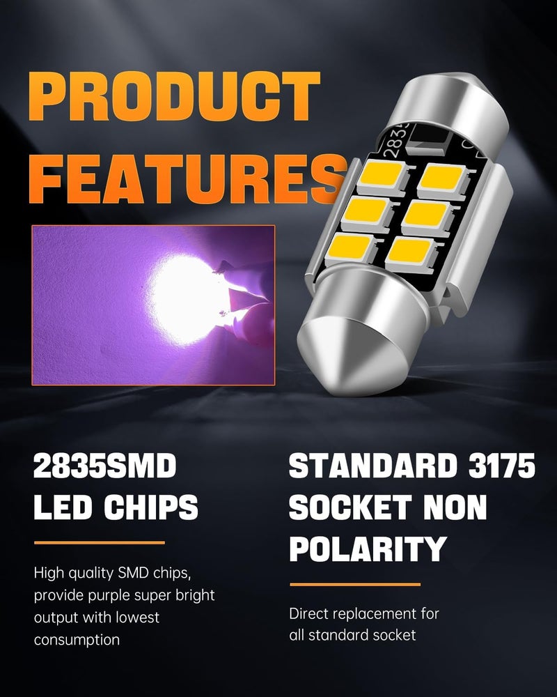 LUYED DE3175 LED Bulbs, Super Bright Purple 2835 Chipsets Canbus Error Free 31mm 1.25" DE3021 DE3022 3175 6428 LED Bulbs for Car Interior Map Reading Dome Trunk Courtesy Lights,Pack of 2 - Image 2