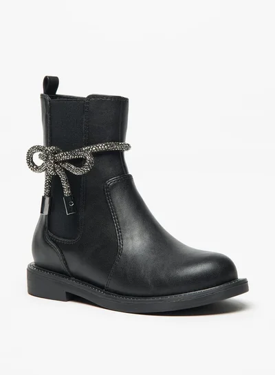 Celeste Girls Solid Embellished Bow Detail Boots with Gusset and Zip Closure