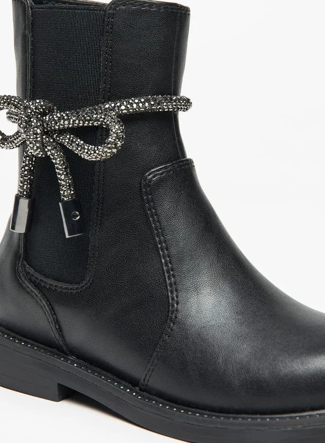Celeste Girls Solid Embellished Bow Detail Boots with Gusset and Zip Closure