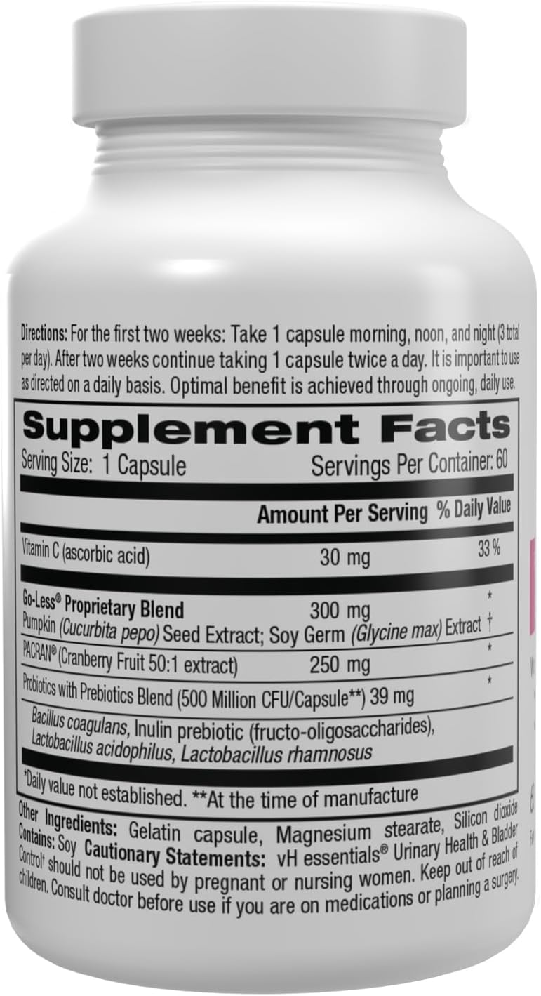 vH essentials Urinary Health  Bladder Control Cranberry Extract Prebiotics and Probiotics 24Hour Feminine Health Support Reduces Occasional Leakage Supports Vaginal Health 60 Capsules - Image 2