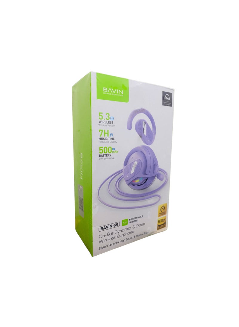 Bavin - Bavin-69 TWS Bluetooth 5.3 On -Ear Dynamic Open Wireless Earphone Violet - Image 1