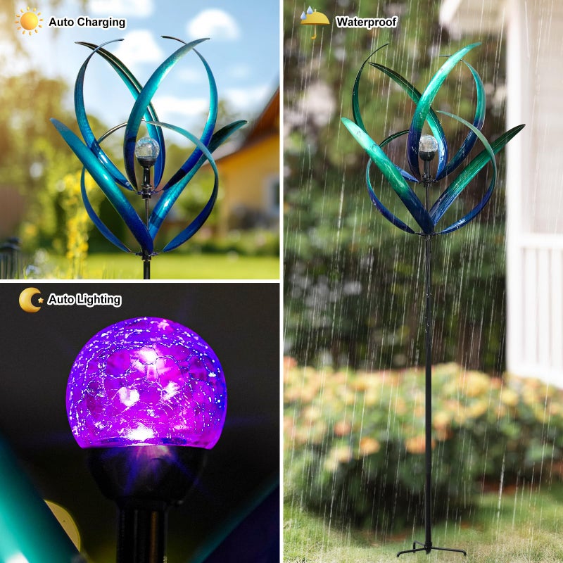 Lariander Outdoor Wind Spinners with Solar Light, 82'' Metal Large Spinner Yard Art, Peacock Blue Wind Sculptures for Garden Lawn Patio, Gifts for Family - Image 2