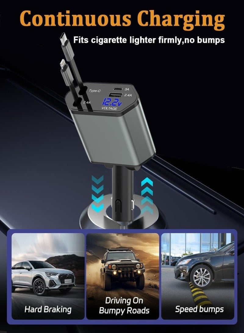 Changli Retractable Car Charger, 4 in 1 Fast Charging Car Charger USB-C & USB-A, Retractable Cables Compatible with iPhone 16/15/14/13/12/11,Galaxy,Pixel - Image 5