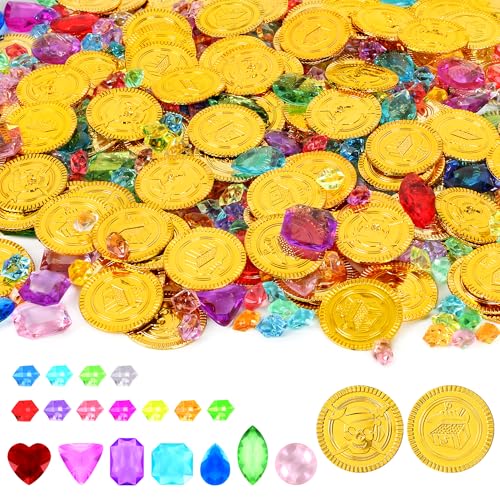 Fullive 200 PCS Pirate Decorations Set 138 in Pirate Gold Coins 079 in Plastic Gems Fake Coins Plastic Coins Leprechaun Gold Coins Pirate Theme Party Supplies Pirate Treasure Game Hunt Party Favors - Image 1