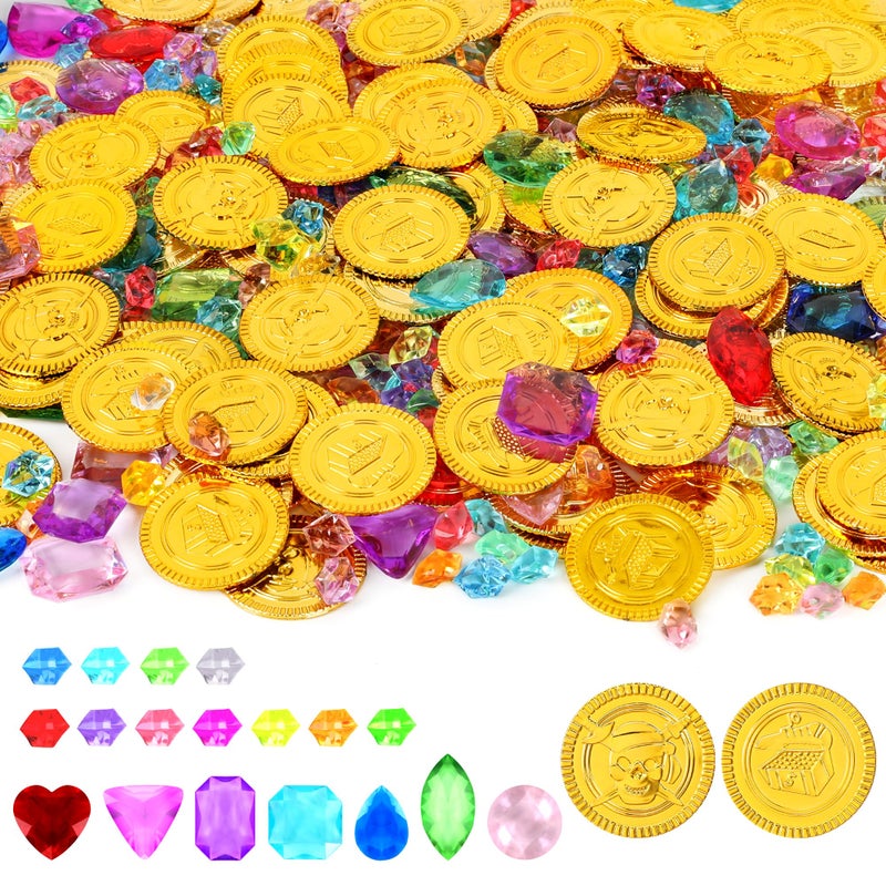 Fullive 200 PCS Pirate Decorations Set 138 in Pirate Gold Coins 079 in Plastic Gems Fake Coins Plastic Coins Leprechaun Gold Coins Pirate Theme Party Supplies Pirate Treasure Game Hunt Party Favors - Image 3
