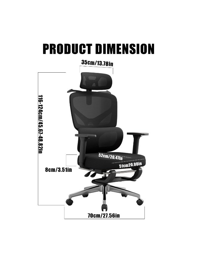 ميشيدا كرسي مكتب منشود إرجونومي، كرسي مكتب منزلي مريح بدعم пояс قابل للتعديل ووسادة رأس ووسائد ذراع ثلاثية الأبعاد ودعامة قدم، كراسي ألعاب كمبيوتر منزلية/مكتبية ذات ظهر عالٍ كبير قابل للانحناء، سعة تحمل 350 رطل (مادة الإسفنج، اللون الأسود) - Image 3