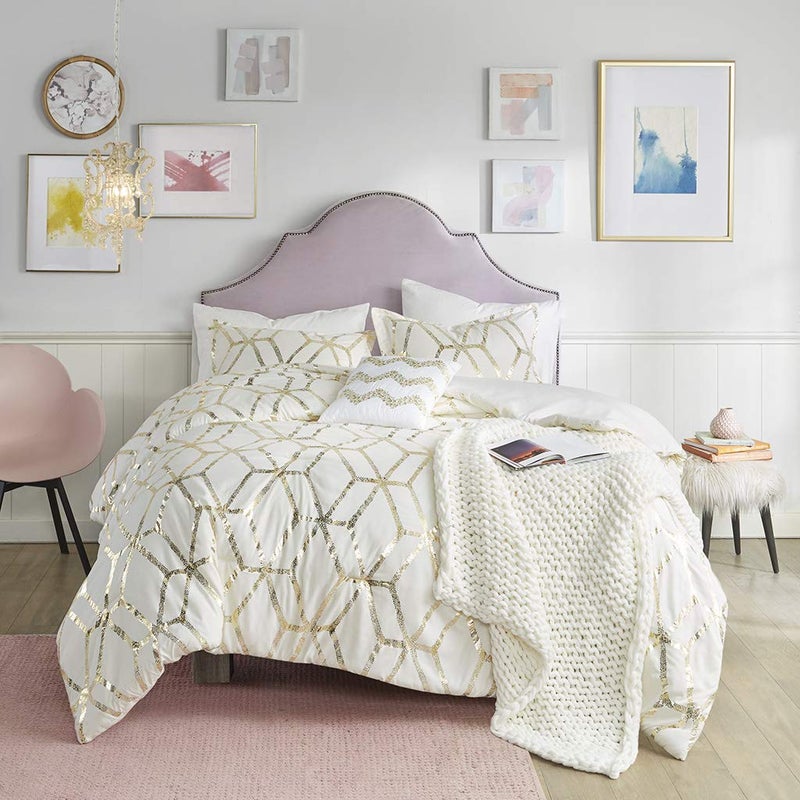 Comfort Spaces Comfort Spaces Vivian Comforter Set Ultra Soft All Season Lightweight Modern Geometric Glam Metallic Print Bedding Matching Sham Decorative Pillow FullQueen Geometric IvoryGold 
