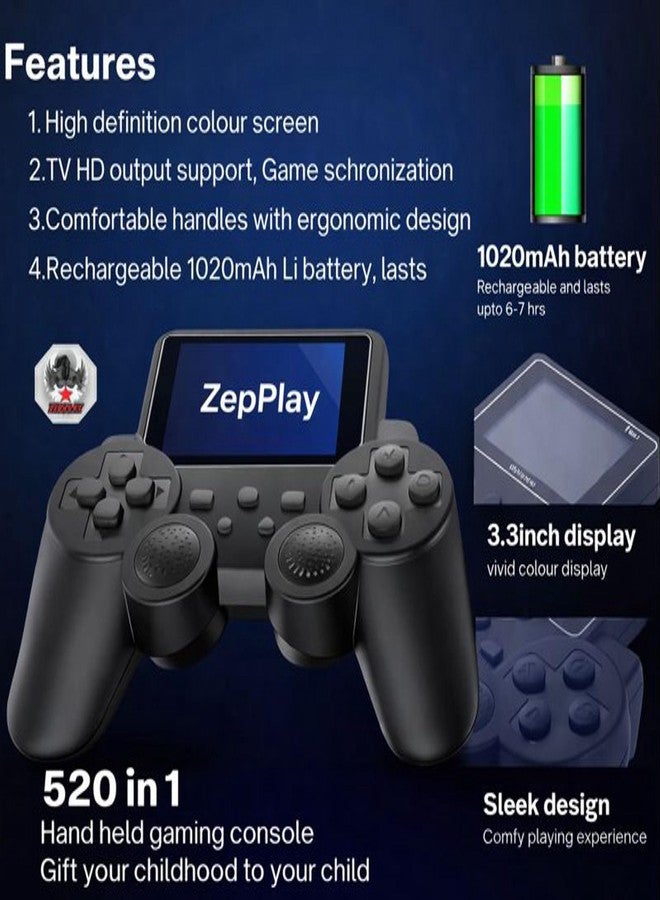 Zepplay Retro Handheld Game Console | 520 Built-in Classic Video Games | Rechargeable Portable Player with 3.0” Screen & TV Output | Fun Gift for Kids & Family Entertainment - Image 2
