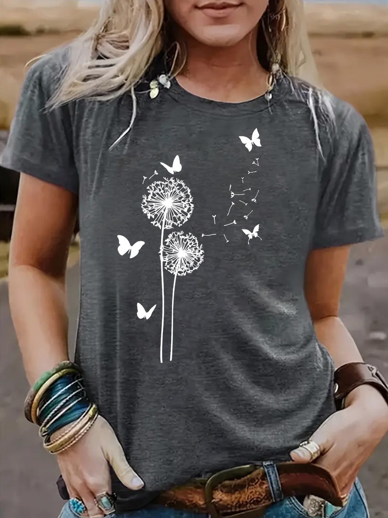 Summer Women'S Dandelion Pattern Round Neck Short Sleeve Casual Fashion Explosion T-Shirt - Image 2