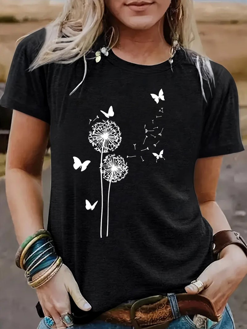 Summer Women'S Dandelion Pattern Round Neck Short Sleeve Casual Fashion Explosion T-Shirt - Image 5