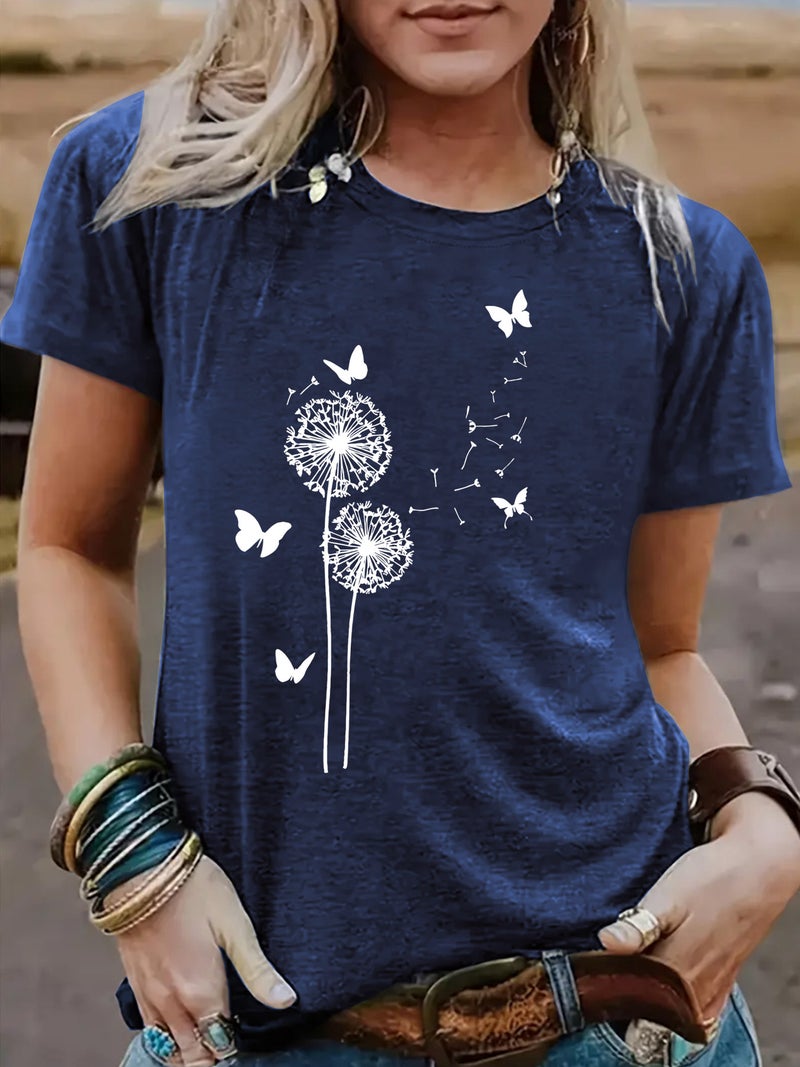 Summer Women'S Dandelion Pattern Round Neck Short Sleeve Casual Fashion Explosion T-Shirt - Image 4