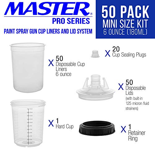 Master Airbrush Master Paint System MPS Disposable Paint Spray Gun Cup Liners and Lid System, 50 Pack Mini Size 6 Ounce (180ml) Kit 50 Cup Liners, 50 Lids with Strainer, 1 Hard Cup with Retainer Ring and 20 Plugs - Image 2