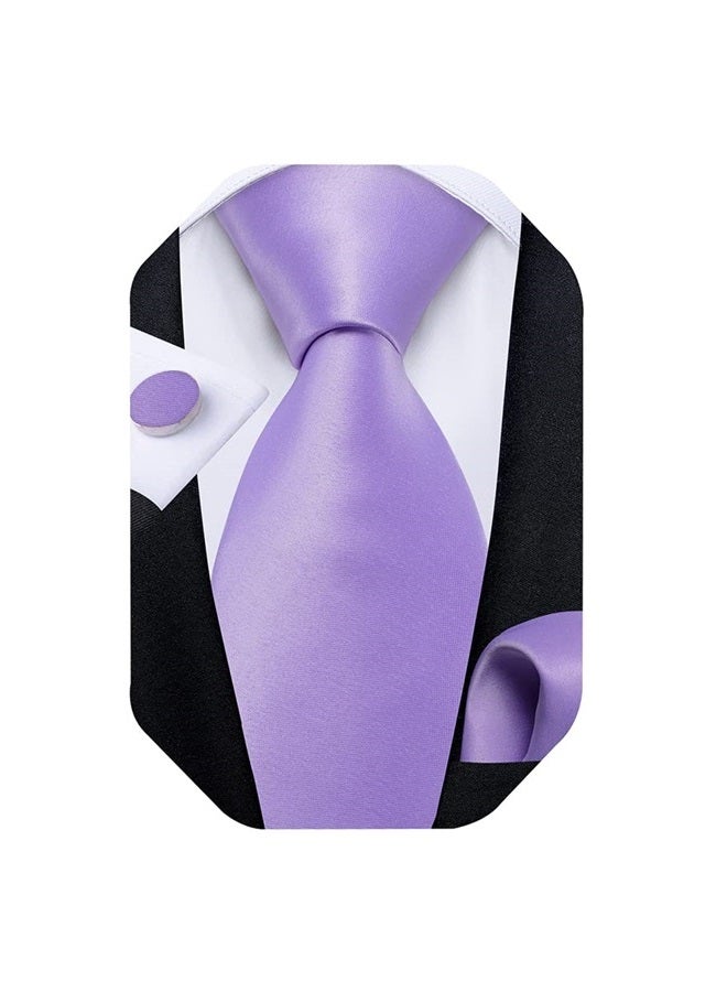 DiBanGu Mens Lavender Purple Ties for Men Wedding Party Classic Solid Violet Necktie and Pocket Square Cufflinks Set - Image 1