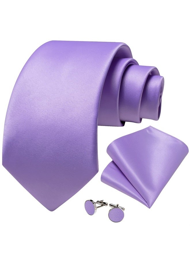 DiBanGu Mens Lavender Purple Ties for Men Wedding Party Classic Solid Violet Necktie and Pocket Square Cufflinks Set - Image 2