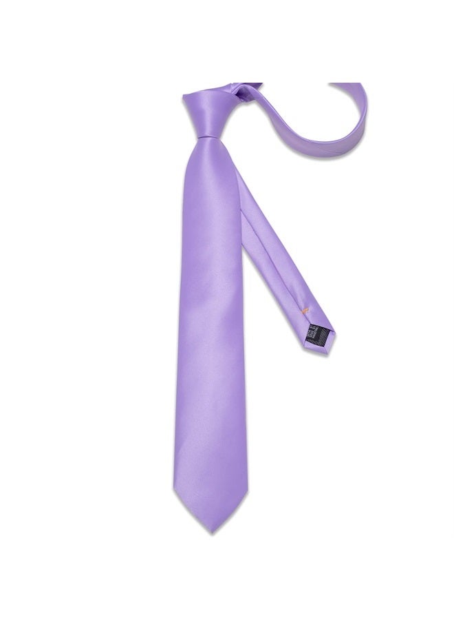 DiBanGu Mens Lavender Purple Ties for Men Wedding Party Classic Solid Violet Necktie and Pocket Square Cufflinks Set - Image 3