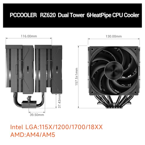 PCCOOLER RZ620 CPU Cooler TDP CPU Air Cooler Dual Tower CPU Fan 6 HeatPipe CPU Cooling System with Three Modes PWM Silent Fans, Easy Install Air Cooler for Intel LGA 115X/1200/1700,AMD AM4/AM5,BK - Image 2