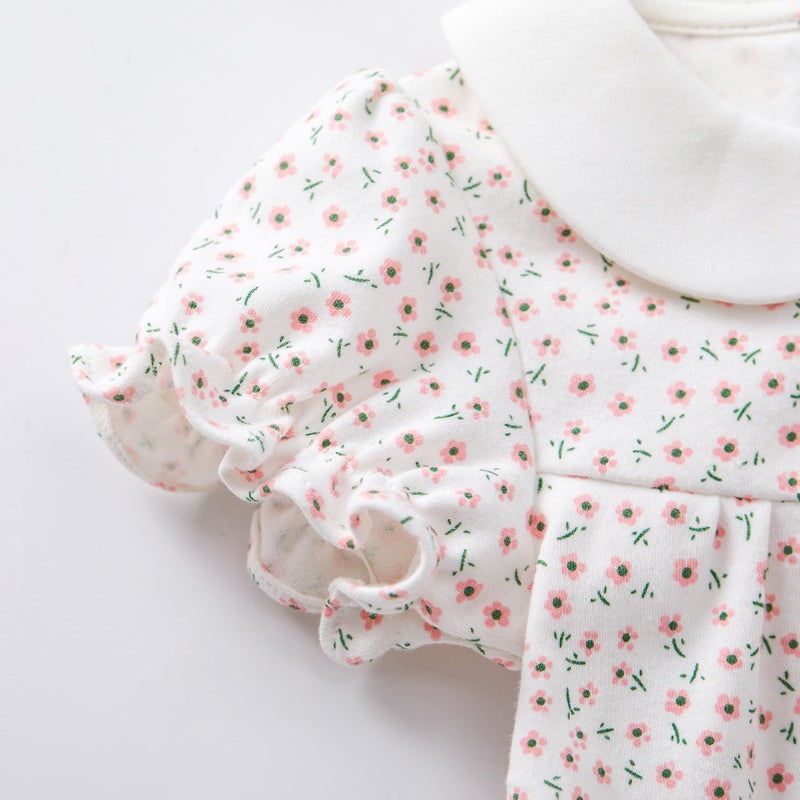 pureborn Baby Girls Bodysuit Peter Pan Collar Bubble Romper Short Sleeve One-Piece Cotton Outfit Pink Flower 12-18 Months - Image 5