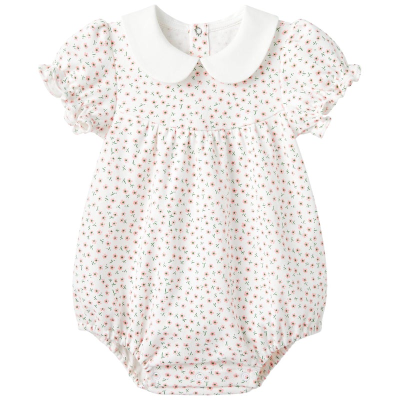 pureborn Baby Girls Bodysuit Peter Pan Collar Bubble Romper Short Sleeve One-Piece Cotton Outfit Pink Flower 12-18 Months - Image 1