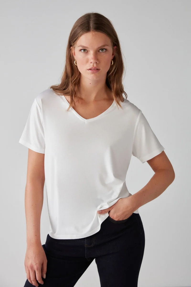 GRIMELANGE Violet Women's V-Neck 100% Cotton Basic White T-Shirt