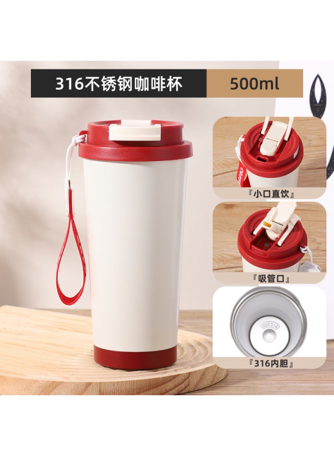 High-looking 316 Stainless Steel Coffee Cup, Convenient With Carrying Rope, Simple Thermos Cup, Double Drinking Straw Cup With Logo