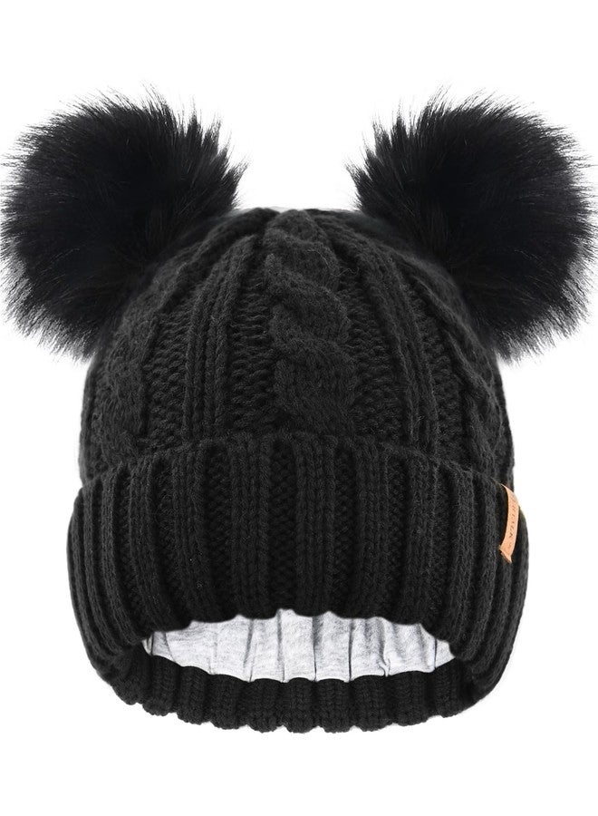 FURTALK Toddler Warm Winter Hat Kids Baby Knitted Soft Beanie with Double Faux Fur Pom Poms for Girls Boys Black with Black Pom,6-24 Months - Image 1