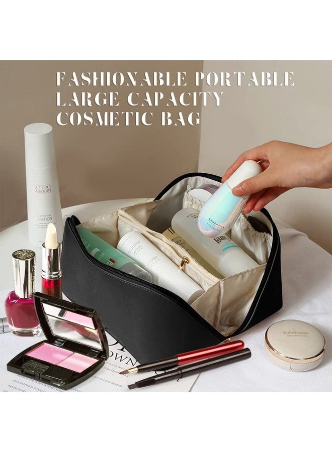 Skytone Large Capacity Cosmetic Travel Bag, Women'S Makeup Travel Bag Portable Leather Cosmetics Bag, Wide Opening Cosmetic/Makeup Organizer (Black, 12 Cm, Cosmetic Bag) - Image 2