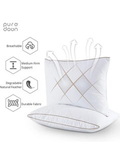 puredown Puredown Natural Goose Down Feather Pillows For Sleeping Oval Gusseted Down Pillow 100% Cotton Pillow Cover With Leaf Quilting Standard/Queen Set Of 2  - Image 2