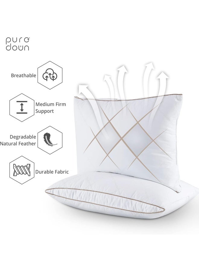 puredown وسائد ريش الإوز الطبيعية من بيورداون للنوم، وسادة دائرية محشوة بالريش، غلاف وسادة 100% قطن مع حياكة أوراق، مجموعة قياسية/ملكة من 2 - Image 2