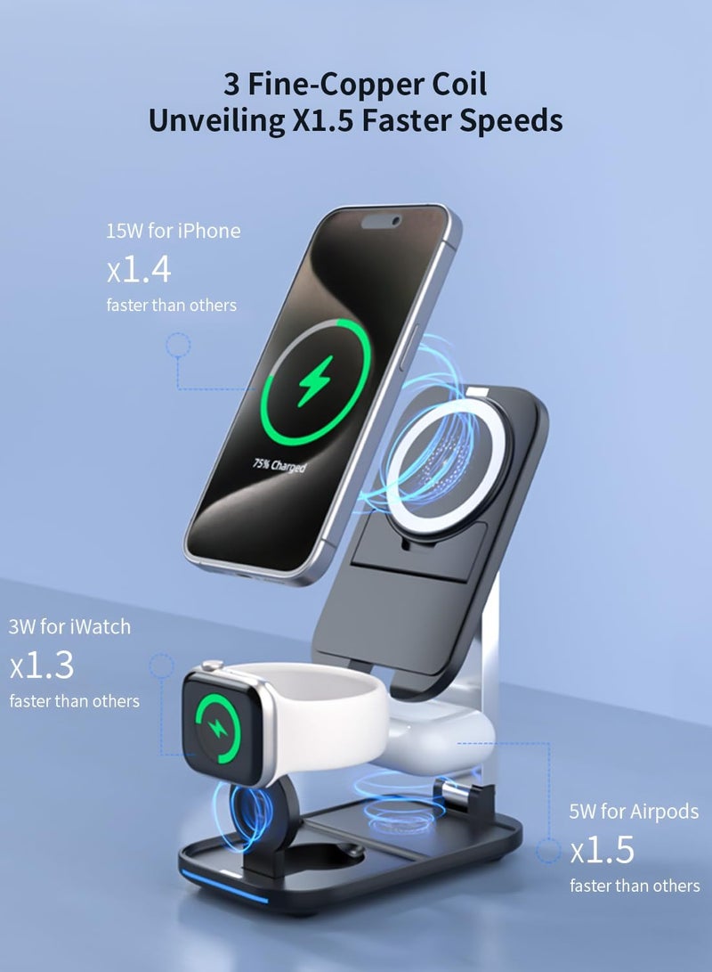 SOLARAE 3 in 1 Foldable Wireless Charging Station, Fast Magsafe Charger Stand for iPhone 15/ 14/ 13/ 12/ 11, Samsung & Pixel, Compatible with Apple Watch & AirPods - Image 2