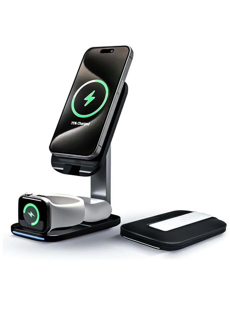 SOLARAE 3 in 1 Foldable Wireless Charging Station, Fast Magsafe Charger Stand for iPhone 15/ 14/ 13/ 12/ 11, Samsung & Pixel, Compatible with Apple Watch & AirPods - Image 1