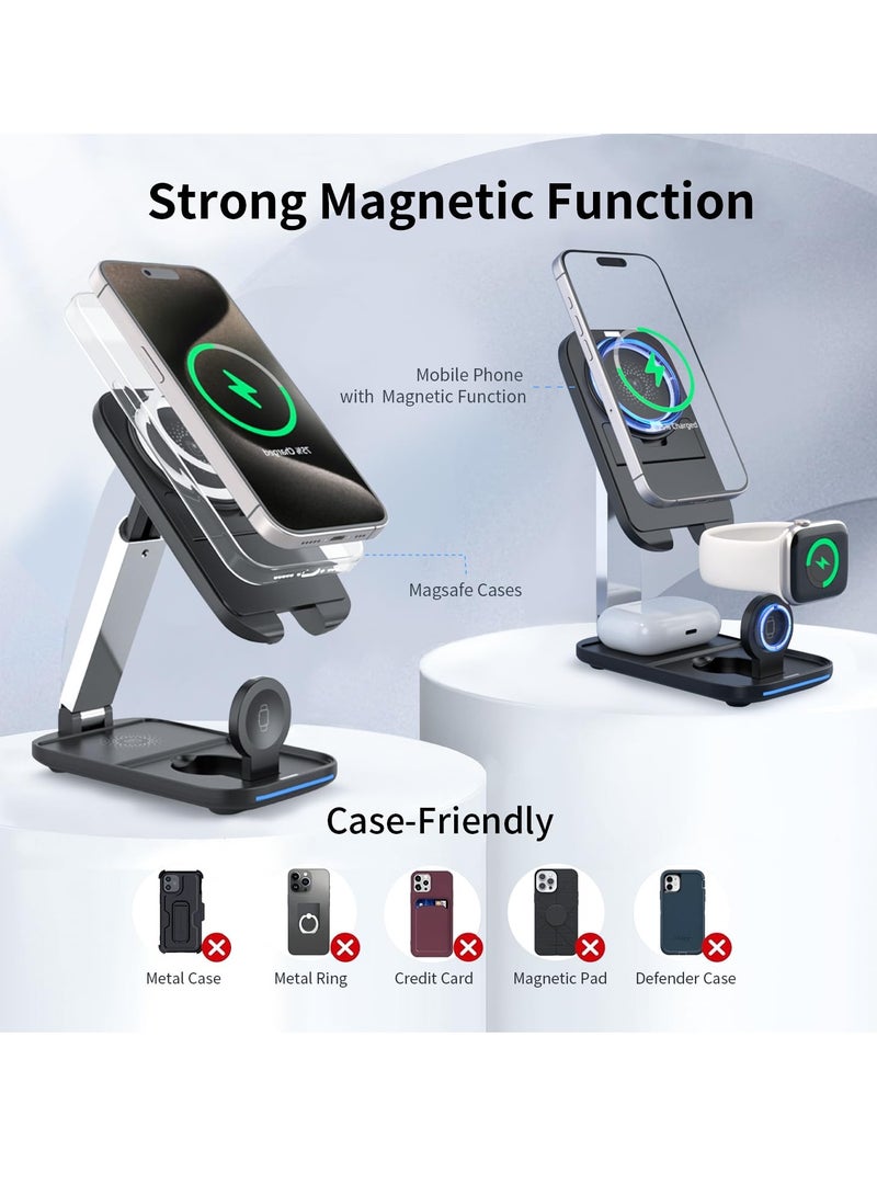 SOLARAE 3 in 1 Foldable Wireless Charging Station, Fast Magsafe Charger Stand for iPhone 15/ 14/ 13/ 12/ 11, Samsung & Pixel, Compatible with Apple Watch & AirPods - Image 4