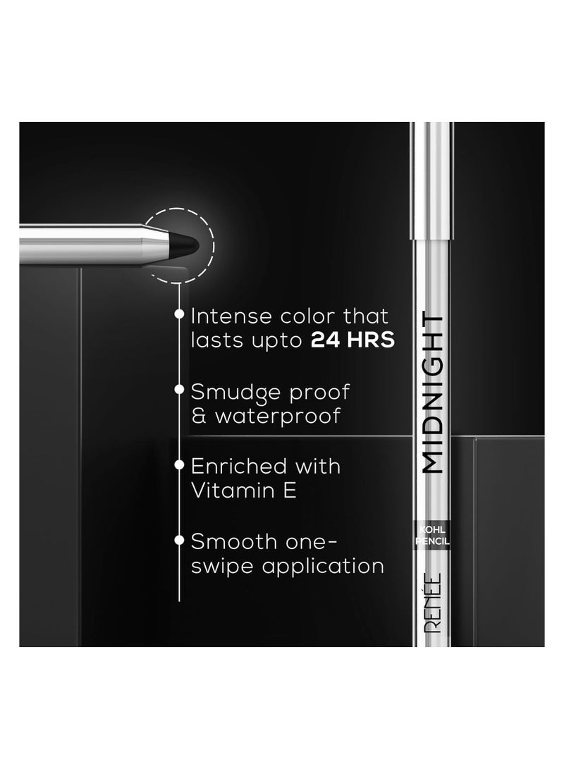 Renee Midnight Kohl Pencil - Smudgeproof And Waterproof Kajal - 24 Hrs Long Stay - Darkest Black - One Swipe Application - Rich Color Payoff - Vitamin E, Olive Oil And Castor Oil-1.5 Gm, Matte Finish - Image 2