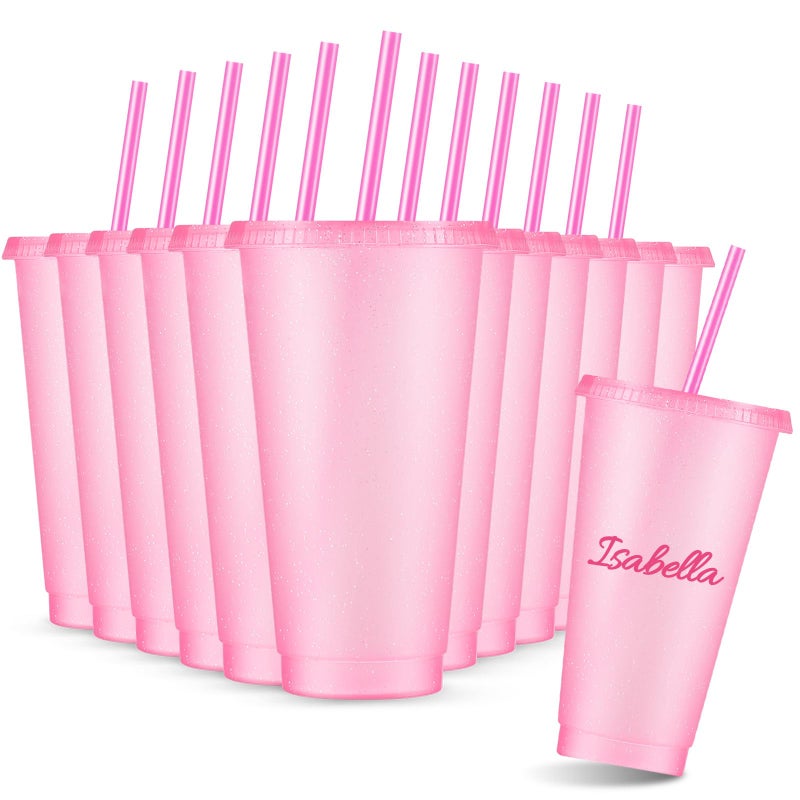 Amyhill 12 Pcs Reusable Glitter Cups with Lids and Straws 24 oz Plastic Tumbler Iced Coffee Cup Travel Mug for Smoothie Juice Birthday Sleepover Party Supplies for Parties Girl(Light Pink) - Image 1