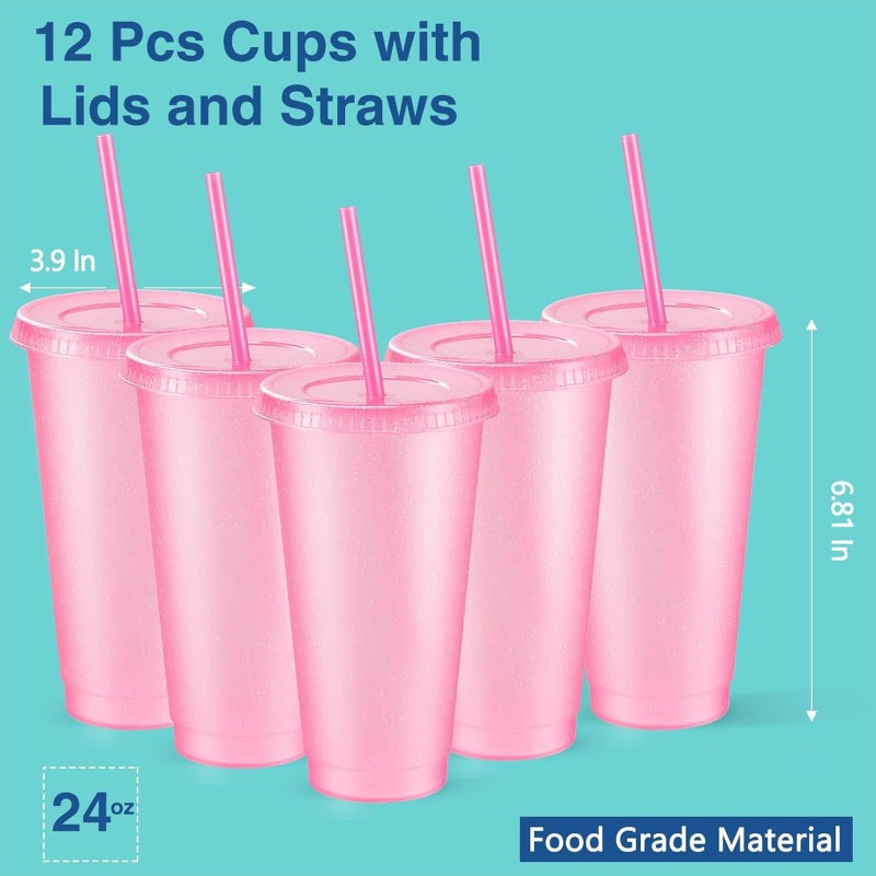 Amyhill 12 Pcs Reusable Glitter Cups with Lids and Straws 24 oz Plastic Tumbler Iced Coffee Cup Travel Mug for Smoothie Juice Birthday Sleepover Party Supplies for Parties Girl(Light Pink) - Image 2
