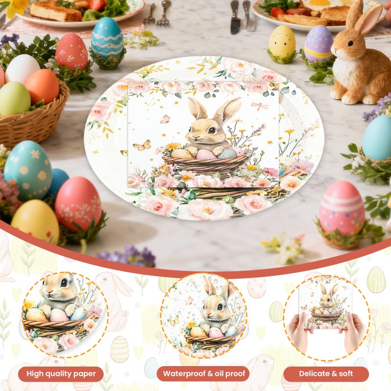 LDFDRT 40 Pcs Easter Party Plates and Napkins Set - 9 Inch Paper Plates (20) + Disposable Napkins (20), Bunny Eggs Flowers Design,Spring Paper Plates for Easter Table Decorations & Party Supplies - Image 2