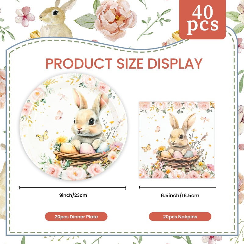 LDFDRT 40 Pcs Easter Party Plates and Napkins Set - 9 Inch Paper Plates (20) + Disposable Napkins (20), Bunny Eggs Flowers Design,Spring Paper Plates for Easter Table Decorations & Party Supplies - Image 5