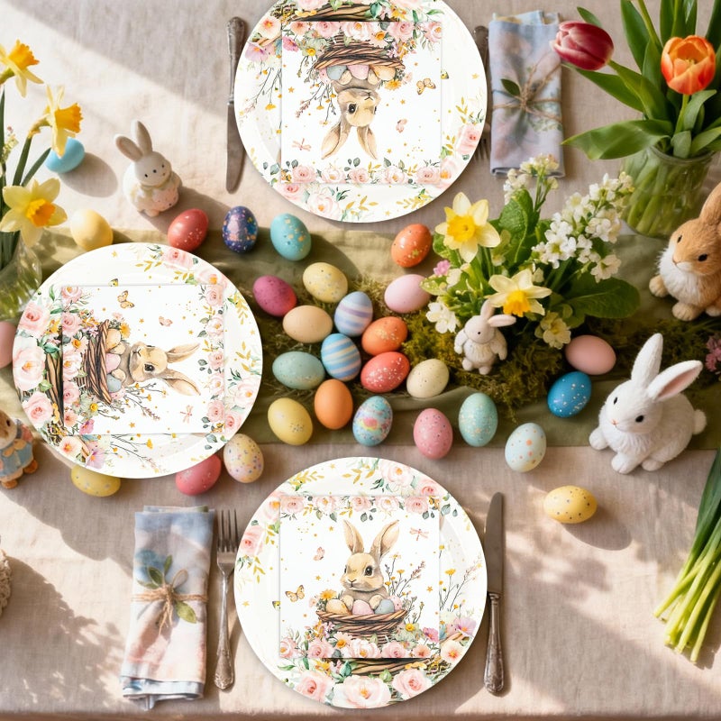 LDFDRT 40 Pcs Easter Party Plates and Napkins Set - 9 Inch Paper Plates (20) + Disposable Napkins (20), Bunny Eggs Flowers Design,Spring Paper Plates for Easter Table Decorations & Party Supplies - Image 3