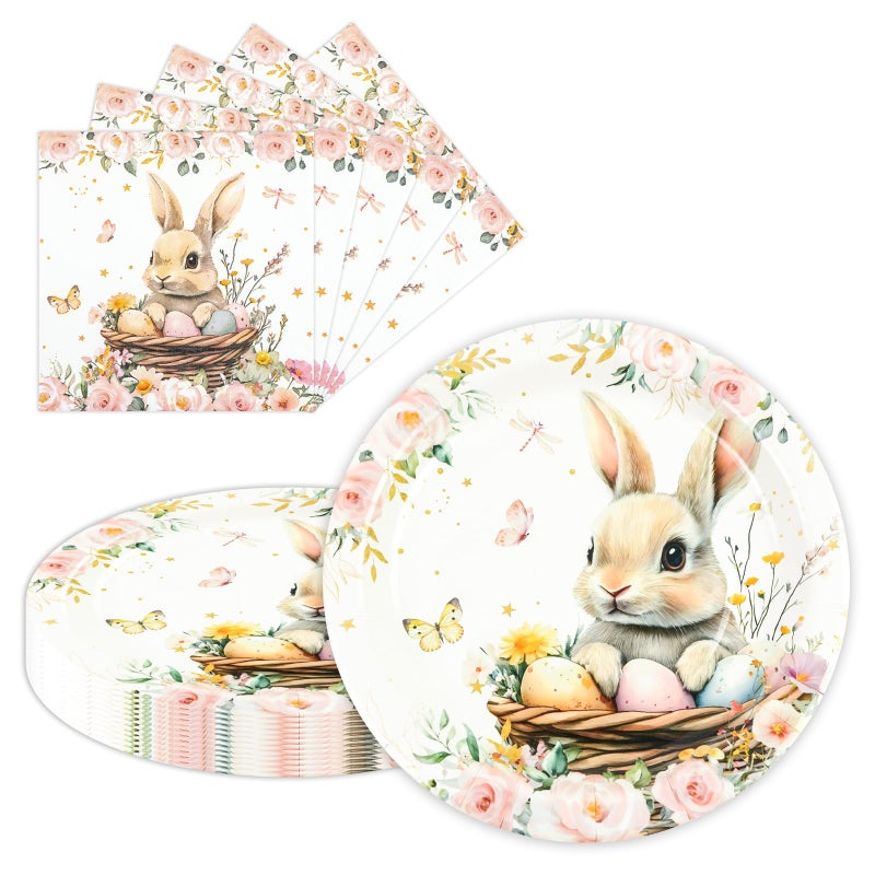 LDFDRT 40 Pcs Easter Party Plates and Napkins Set - 9 Inch Paper Plates (20) + Disposable Napkins (20), Bunny Eggs Flowers Design,Spring Paper Plates for Easter Table Decorations & Party Supplies - Image 1
