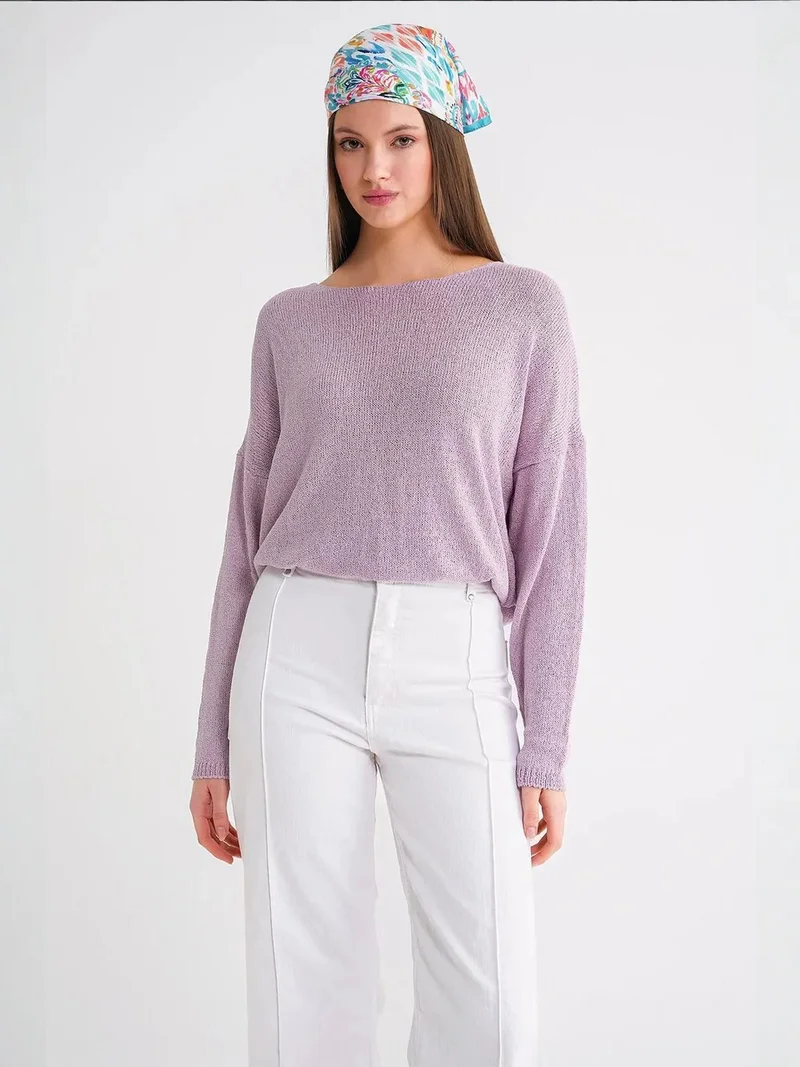 Mixray Lilac Purple MIXRAY Oversized Boat Neck Knit Sweater for Women | Best Price UAE